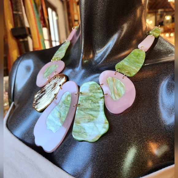 Pink, Green and Goldtone Statement Necklace with Earrings Set - Picture 8 of 17